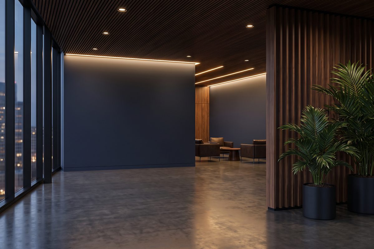 The reception lobby of Your Tax Office: a dark navy feature wall, warm walnut slat panelling and soft evening light through floor-to-ceiling windows.