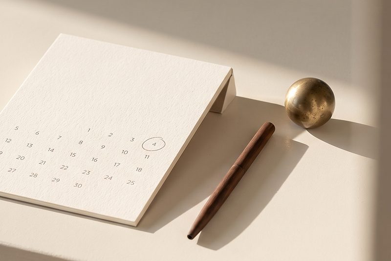 A minimal desk calendar and pen on a warm off-white surface.