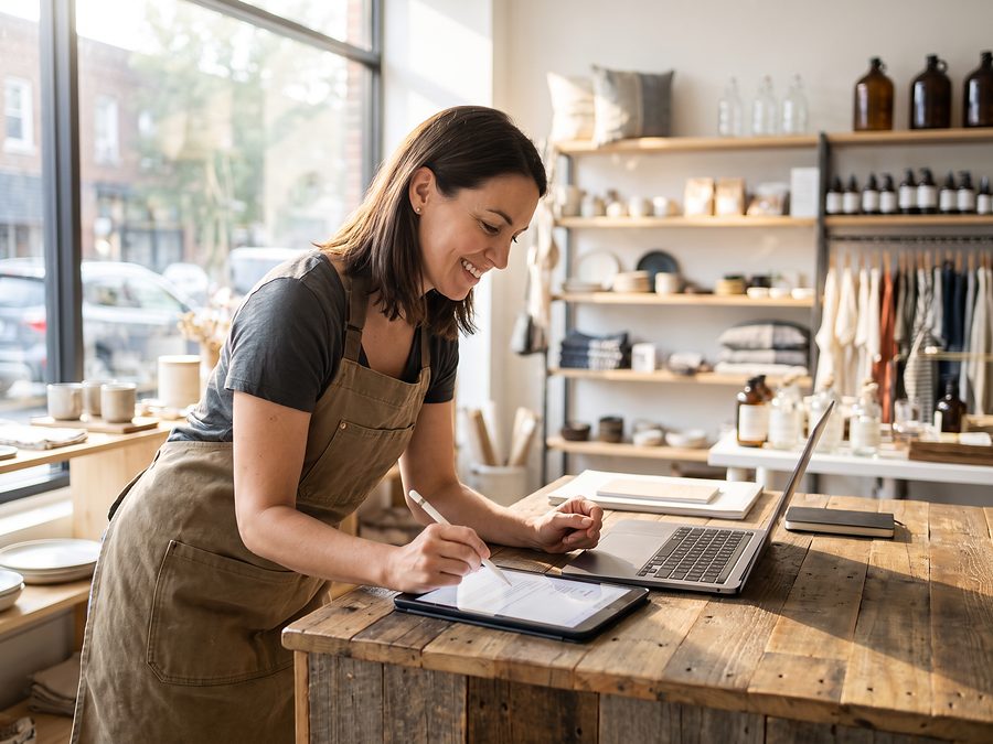 A small business owner reviewing paperwork on a tablet at a shop counter.
